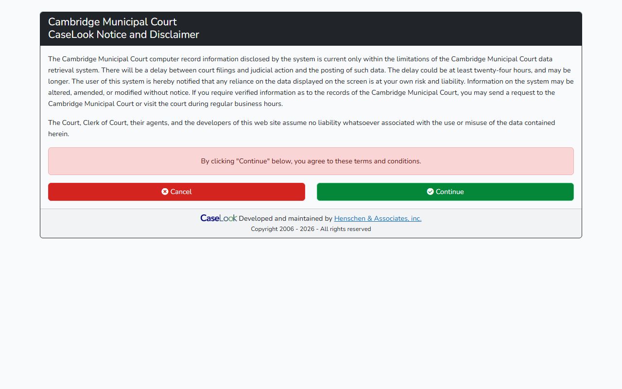 Cambridge Municipal Court CaseLook disclaimer page