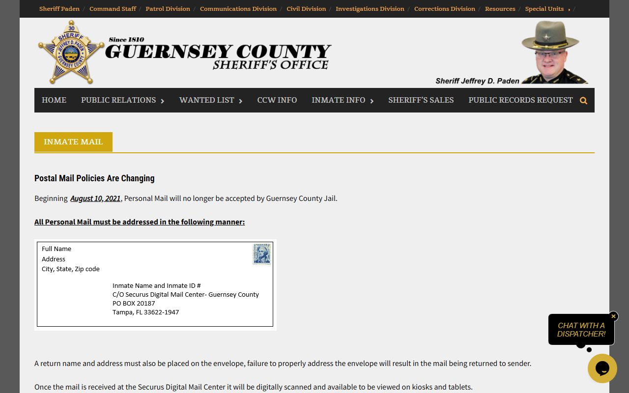 Guernsey County Sheriff inmate mail page showing Securus Digital Mail Center policy