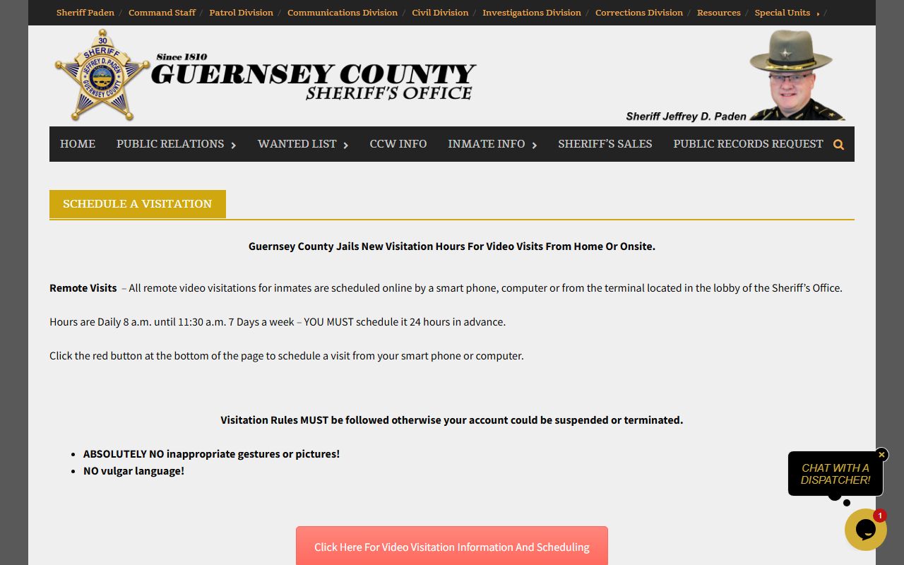 Guernsey County Sheriff visitation scheduling page