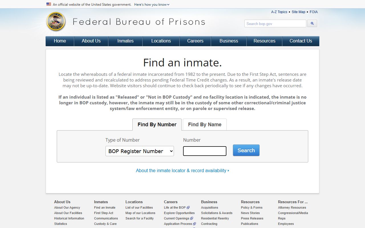 Federal BOP inmate locator search fields